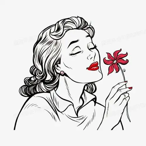 手绘黑色线稿闻花香的女人免抠元素