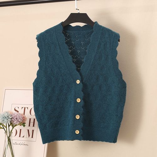 毛衣背心女针织开衫春秋2021新款短款镂空v领宽松薄款小马甲坎肩米