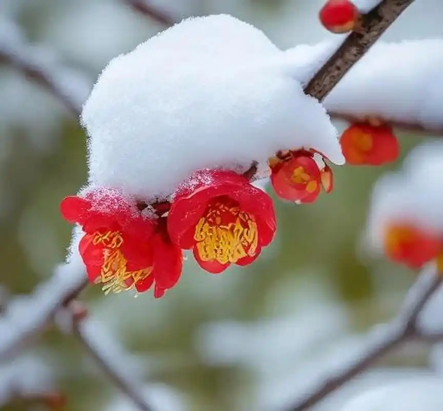 雪中腊梅红似火, 冷风瑟瑟傲寒来. 玉树琼花香满径, 独立银枝笑意开.