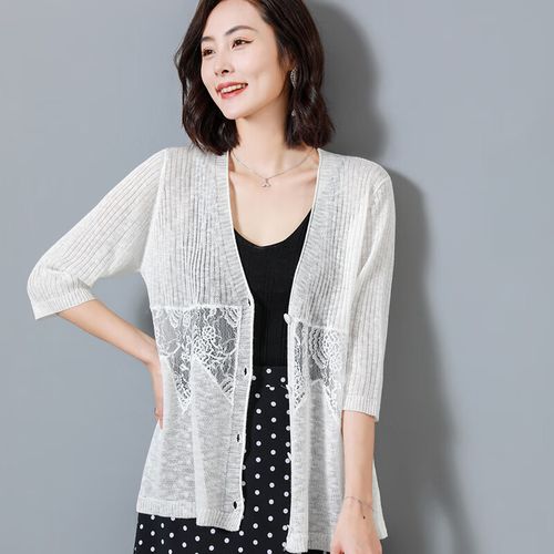 艾诗甜夏天穿的沙衣冰丝外搭开衫女薄款领上衣夏季新款小香风外套镂空