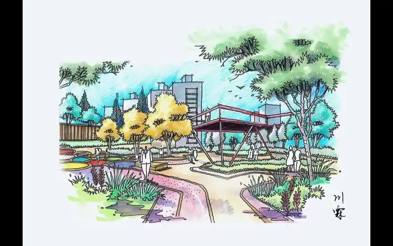 公园节点景观手绘效果图上色