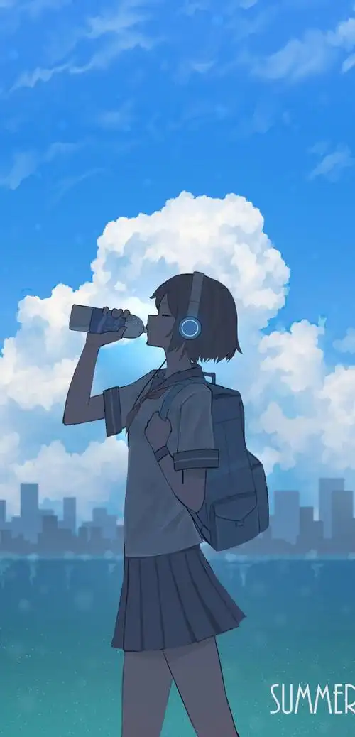 背着书包喝着水戴着耳麦的动漫女学生