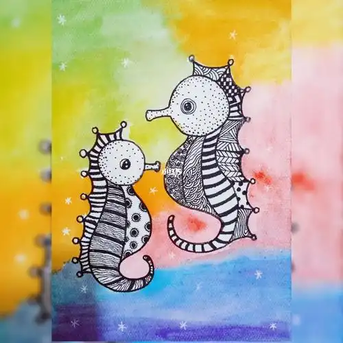 海马线描画水彩画