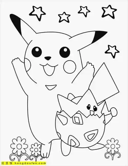 12张神奇宝贝口袋宝贝精灵球比卡丘卡通涂色简笔画-红豆饭小学生简笔