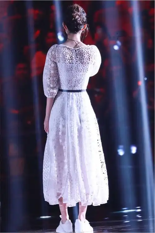 2018跨年演唱会赵丽颖同款白色镂空蕾丝连衣裙假裙长裙优雅推荐