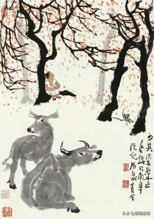 李可染牧童红叶水墨牛欣赏