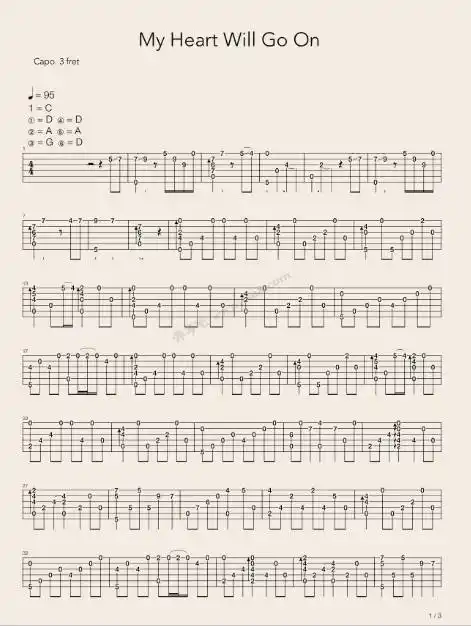 吉他谱泰坦尼克号主题曲myheartwillgoon