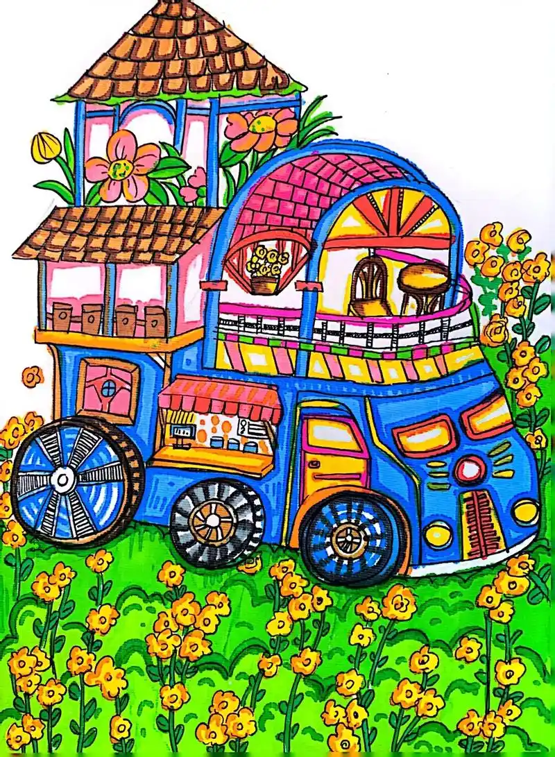 房车儿童画#图文伙伴计划 #一起学画 - 抖音