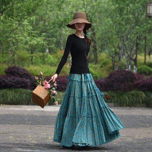 【雨荷】素心高档碎花半身裙 a字系带春秋超大摆显瘦跳舞长款长裙