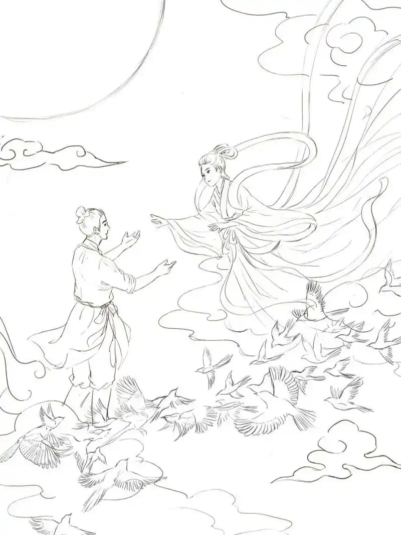 【鹊桥仙·七夕】水彩手绘古诗词 《鹊桥仙·七夕》(宋)秦观纤云弄巧