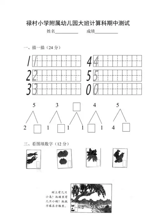 幼儿园大班期中试计算科测试题