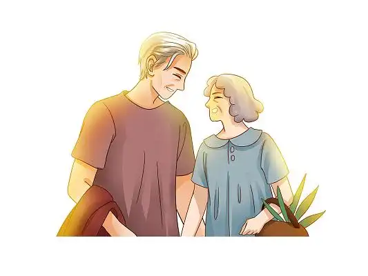 幸福微笑的老人手绘卡通依偎一起遥望远方的老年夫妻老人夫妻老人夫妻