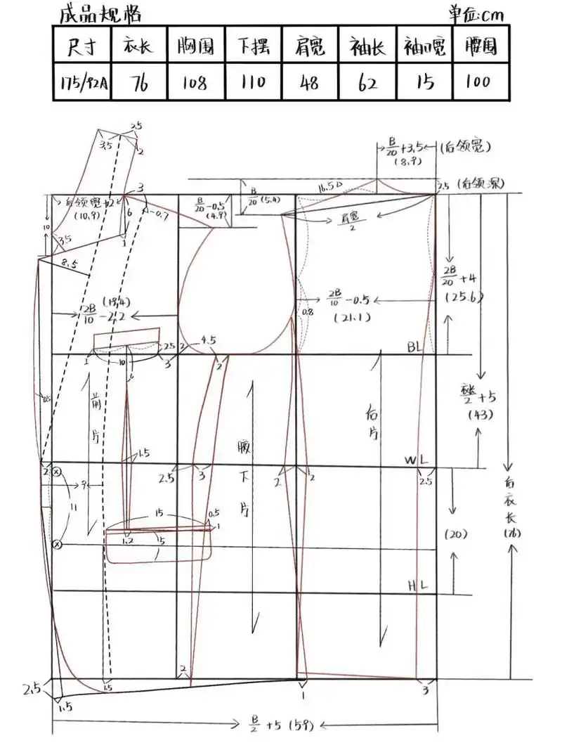 【服装设计】男西服制版图     尺寸:175/92a 身片,袖片,领子,挂面