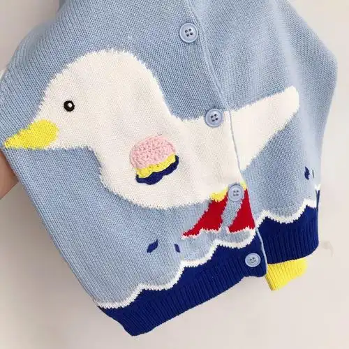 80-135清新淡蓝色可爱的小鸭子~纯棉线男女童宝宝针k织开衫毛衣