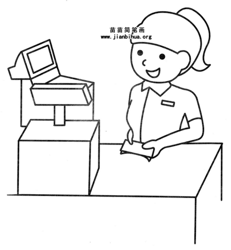 小女孩在收银台收钱的简笔画