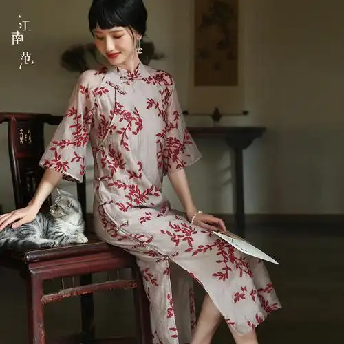 江南版复日常款斜年轻绣花古风范低领改良夏改良旗袍