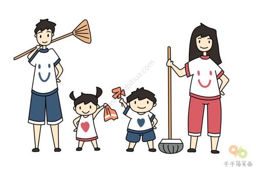 劳动节简笔画 全家大扫除啦