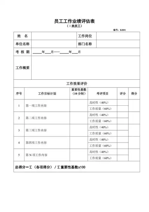 员工工作业绩评估表