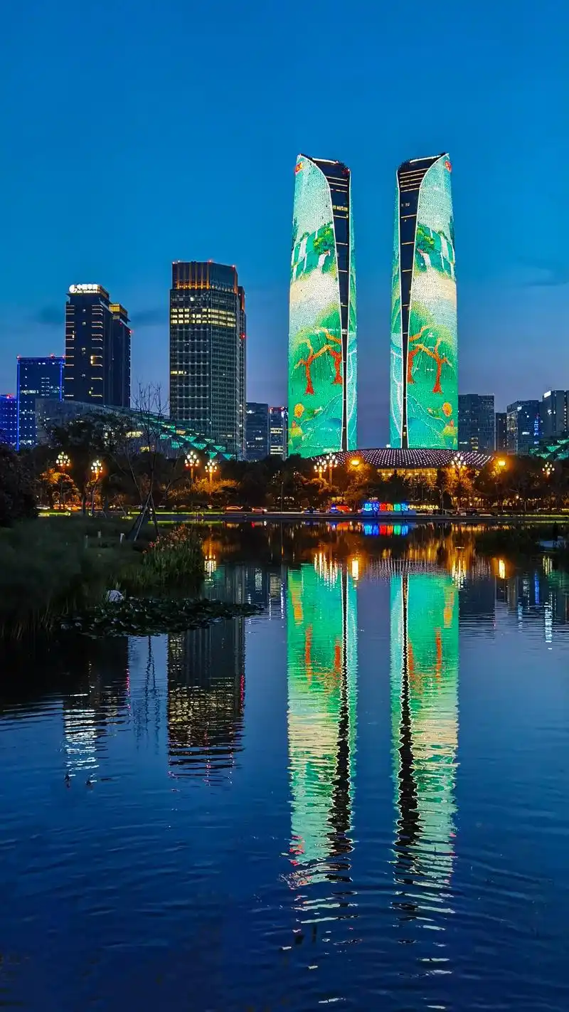 成都夜空下天府国际金融中心双塔闪耀城南