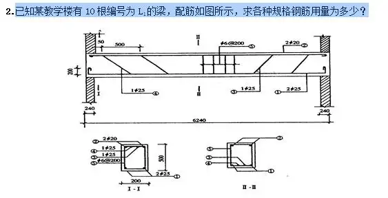 已知某教学楼有10根编号为l1的梁,配筋如图所示,求各种规格钢筋用量为