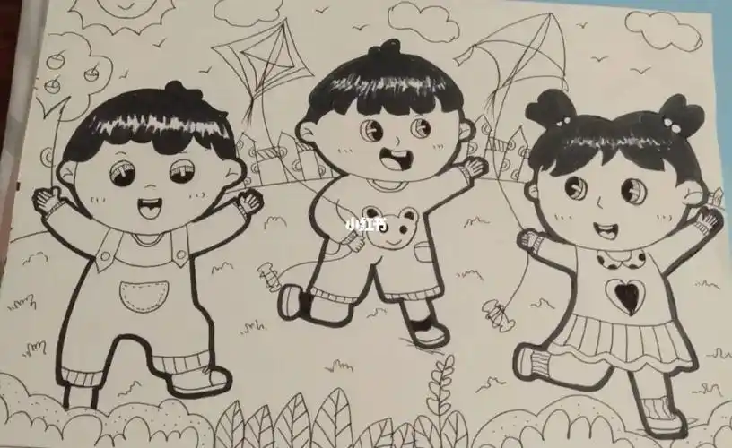 小朋友做游戏的简笔画趴在草地上的女孩简笔画捉迷藏游戏儿童的简笔画