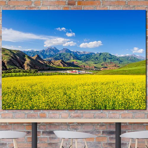 油菜花装饰画墙贴海报蓝天白云壁纸乡村田园挂画风景走廊自粘壁画 you