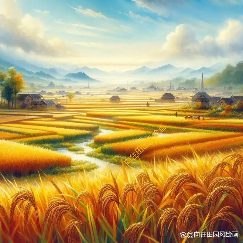 金色丰收,秋日稻田间的水彩田园画