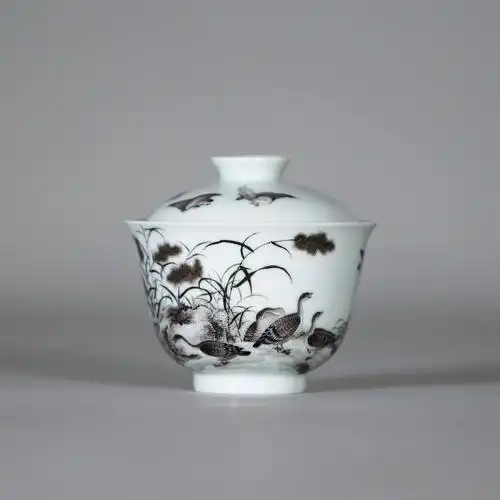 新品墨彩芦雁二才盖碗