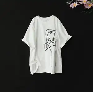 西缺 设计感小众抽象刺绣图案宽松短袖t恤女夏季复古百搭显瘦上衣