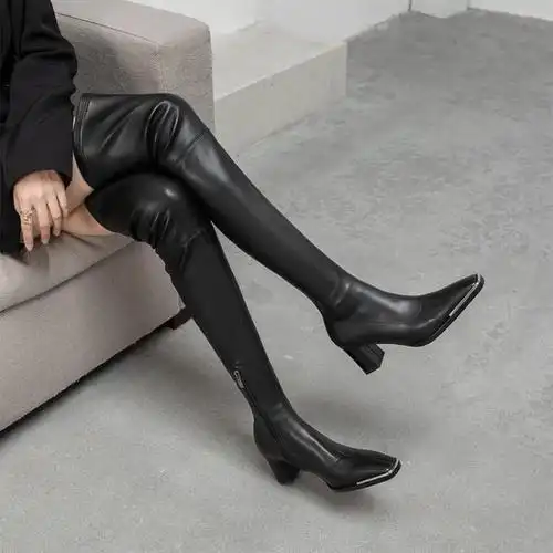 漆皮过膝长靴巨显瘦秋冬弹力高跟加绒超长大腿靴 黑色牛皮【瘦版单里