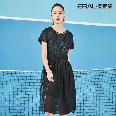 eral/艾莱依2018新款女装春秋装chic网纱连衣裙时髦气质a字裙中裙