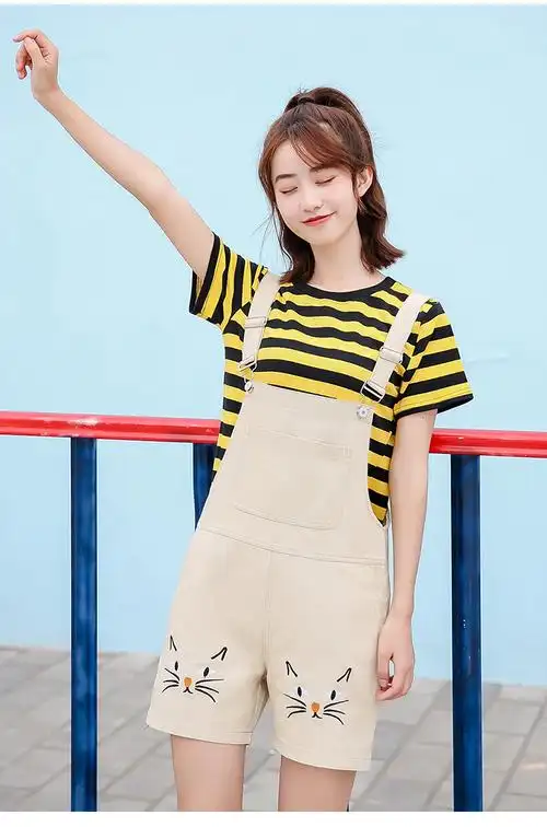 百搭牛仔背带短裤女学生韩版bf宽松原宿2018新款显瘦可爱学院风夏