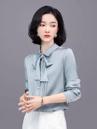 长袖春夏季新款女士时尚显瘦桑蚕丝设计感上衣衬衣女蓝色m建议90105斤