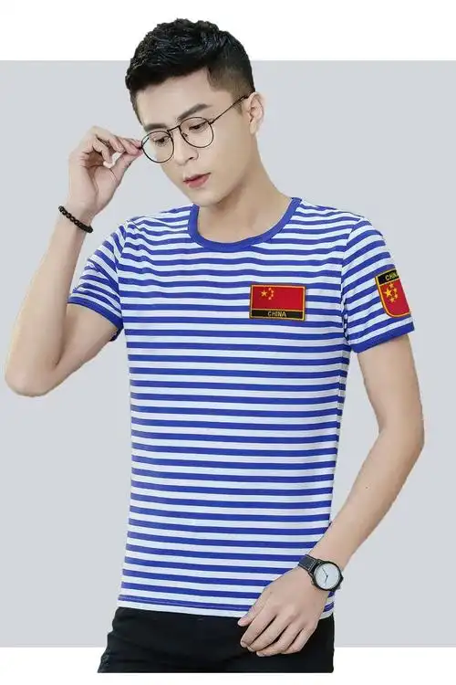 【特价捡漏】夏季海魂衫海军衫短袖t恤男装蓝白横条纹半袖绣标胸章