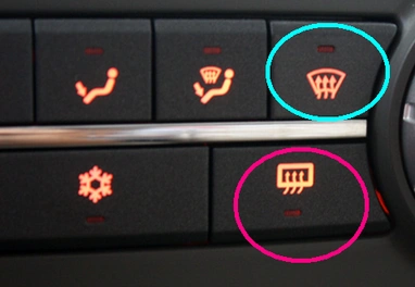 如下图中,绿色圆圈里的开关是前挡风玻璃除雾除霜按键,红色圆圈里的