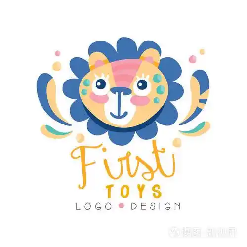 首先玩具标志设计, 徽章与可爱的狮子可以用于婴儿商店, 孩子市场矢量