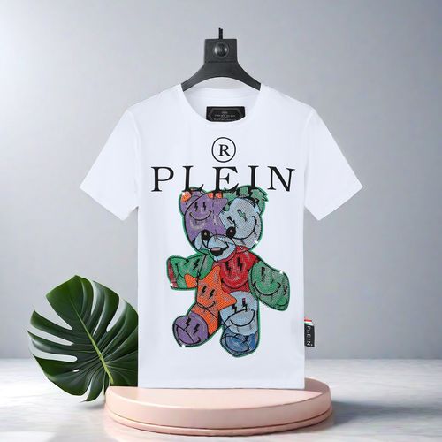 菲利普潮牌菲利普pp小熊烫钻大图案qp字母印花短袖t恤男圆领修身