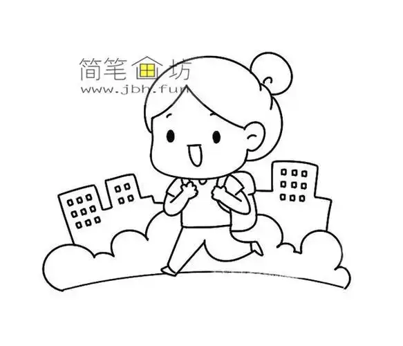 背着书包去上学的小女孩的简笔画