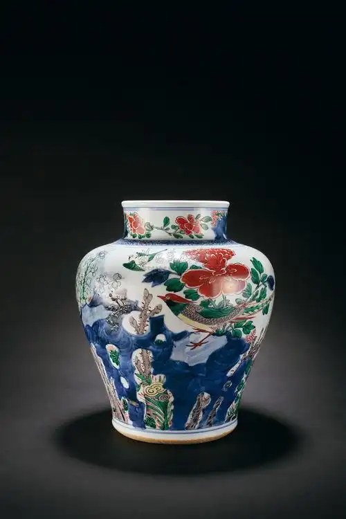 0012 清康熙 青花五彩花鸟罐