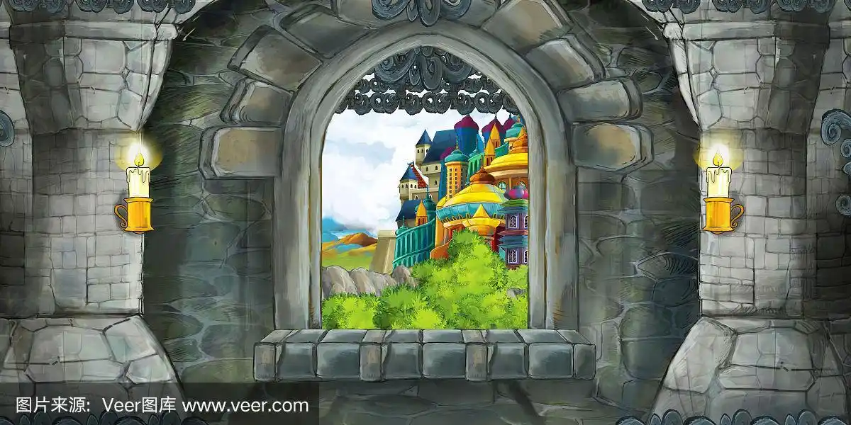 中世纪城堡内部的卡通场景,窗户可以看到其他城堡