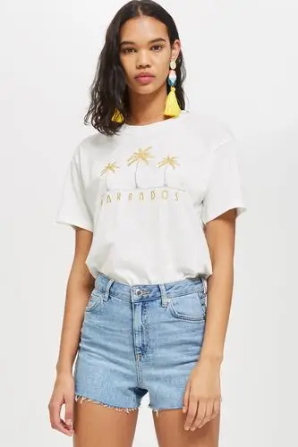 白色圆领椰子树图案刺绣女士短袖t恤【特殊.