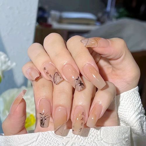 b645古色古香网红新款中式国风穿戴甲长梯形清冷水墨画美甲假指甲