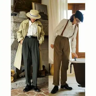 浮生八记重磅复古锥形英伦侦探卷边拖地两穿长腿西装两色休闲裤