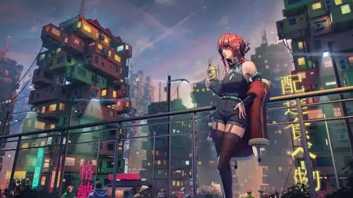 未来科幻类动漫壁纸,站在城市高楼阳台的动漫女生