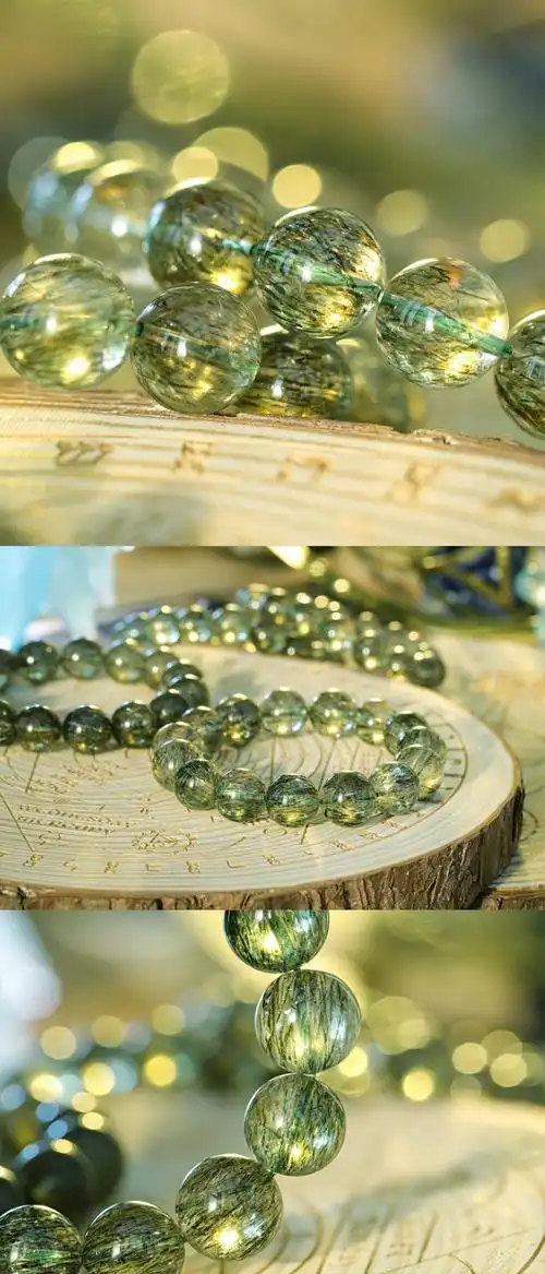 天然绿骨干绿度母发晶手链手串透体钛晶心轮事业转运