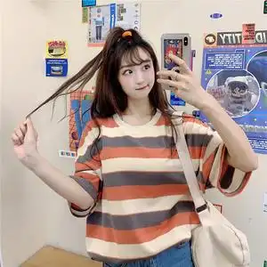条纹中袖t恤女学生韩版潮图片