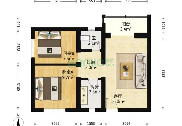 北京滨河小区2室1厅1卫60平米户型图