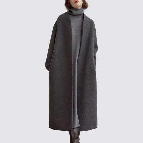 欧美气质时尚灰色羊毛呢外套女2020冬季新款长款大码宽松呢子大衣