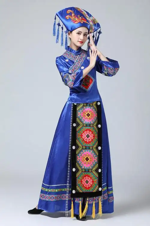 特价羌族服装女_新款成人女土家族演出服装长款刺绣少数民族舞蹈服饰