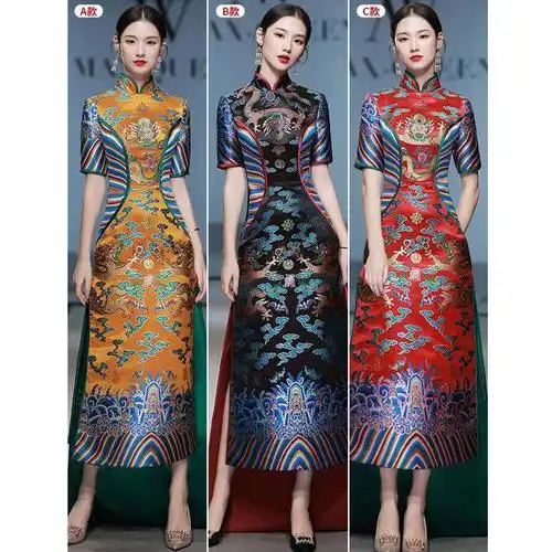 中国风模特走秀旗袍长款演出舞台服高端大气复古主持人年会礼服女